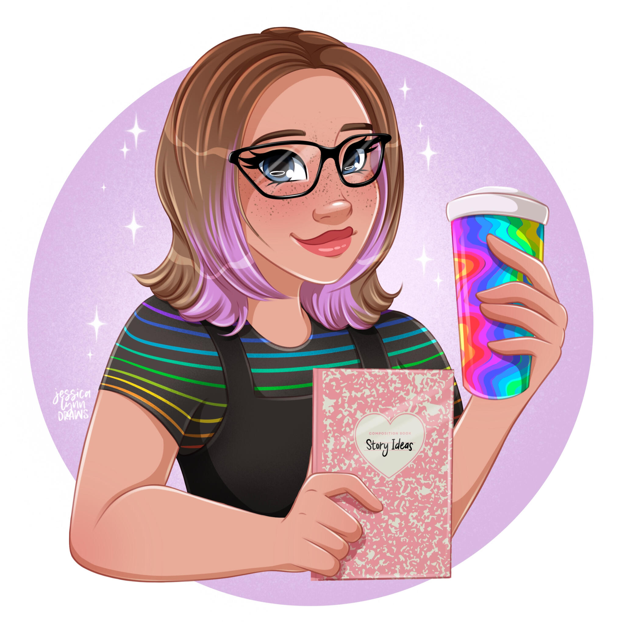 Kenzie's avatar showing her holding her trusty Story Ideas notebook and a rainbow coffee cup